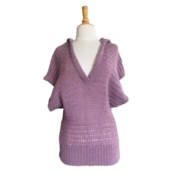 Free People Lavender Batwing Short Sleeve Hooded Loose Knit Wool Sweater - Picture 1 of 7